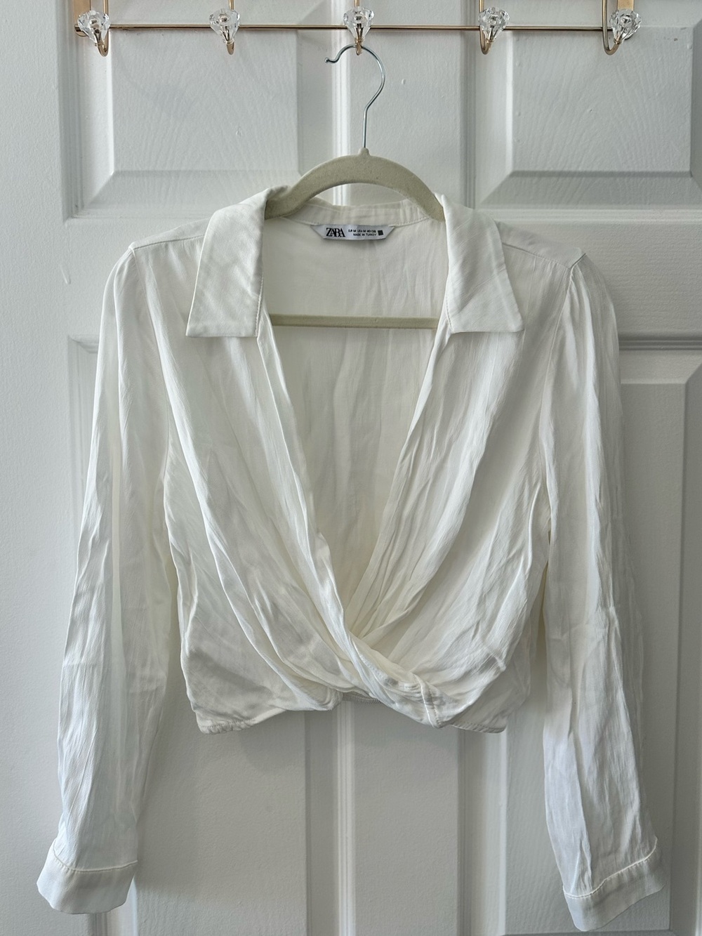 Zara White Draped Wrap Front Cropped Blouse Size M
